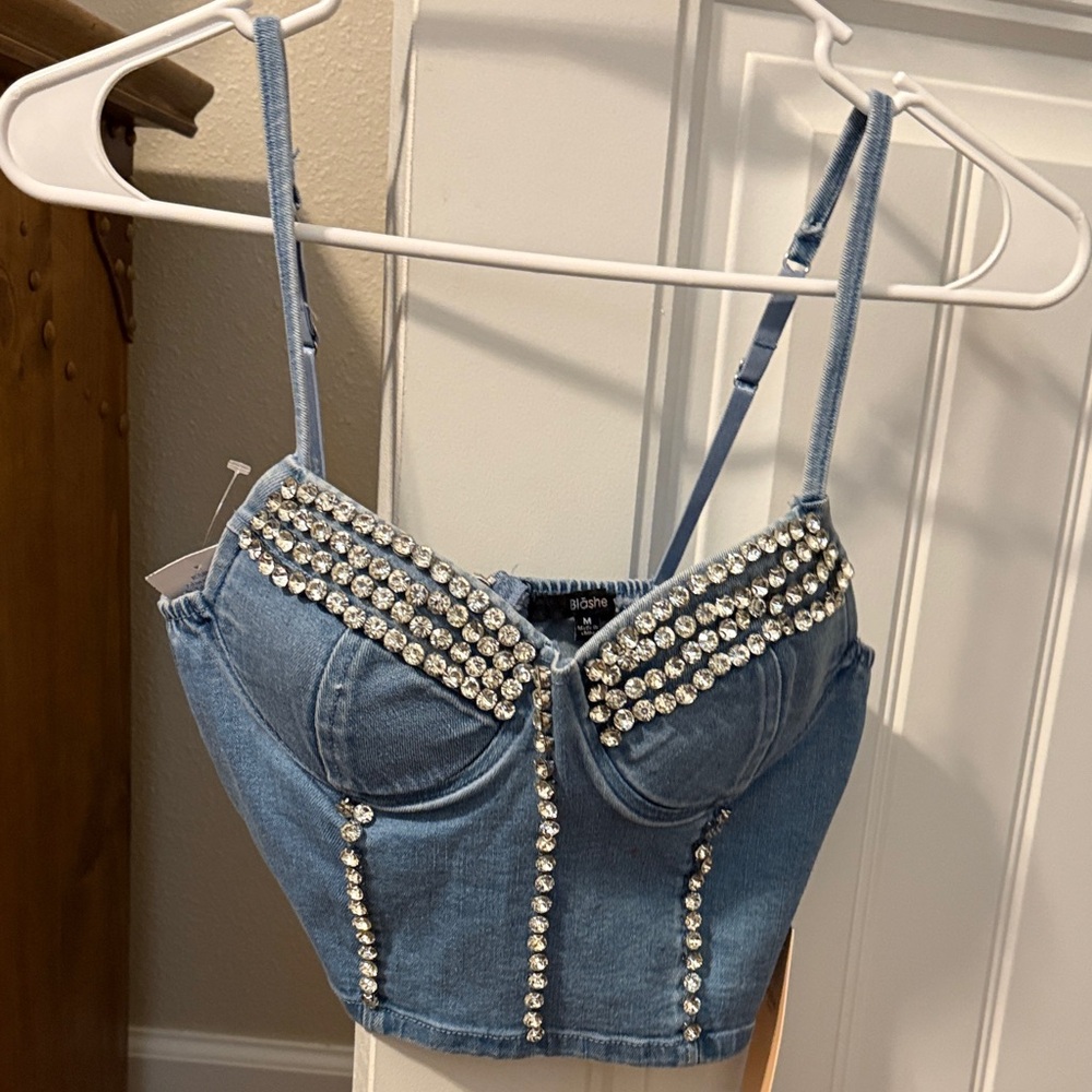 Sparkling Denim Rhinestone Crop Top
